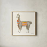Festive Llama II by Danhui Nai. Shown in a natural wood glass frame for a timeless modern aesthetic. Available as an archival giclee rolled canvas, fine art paper, or poster print. SKU 48482a.