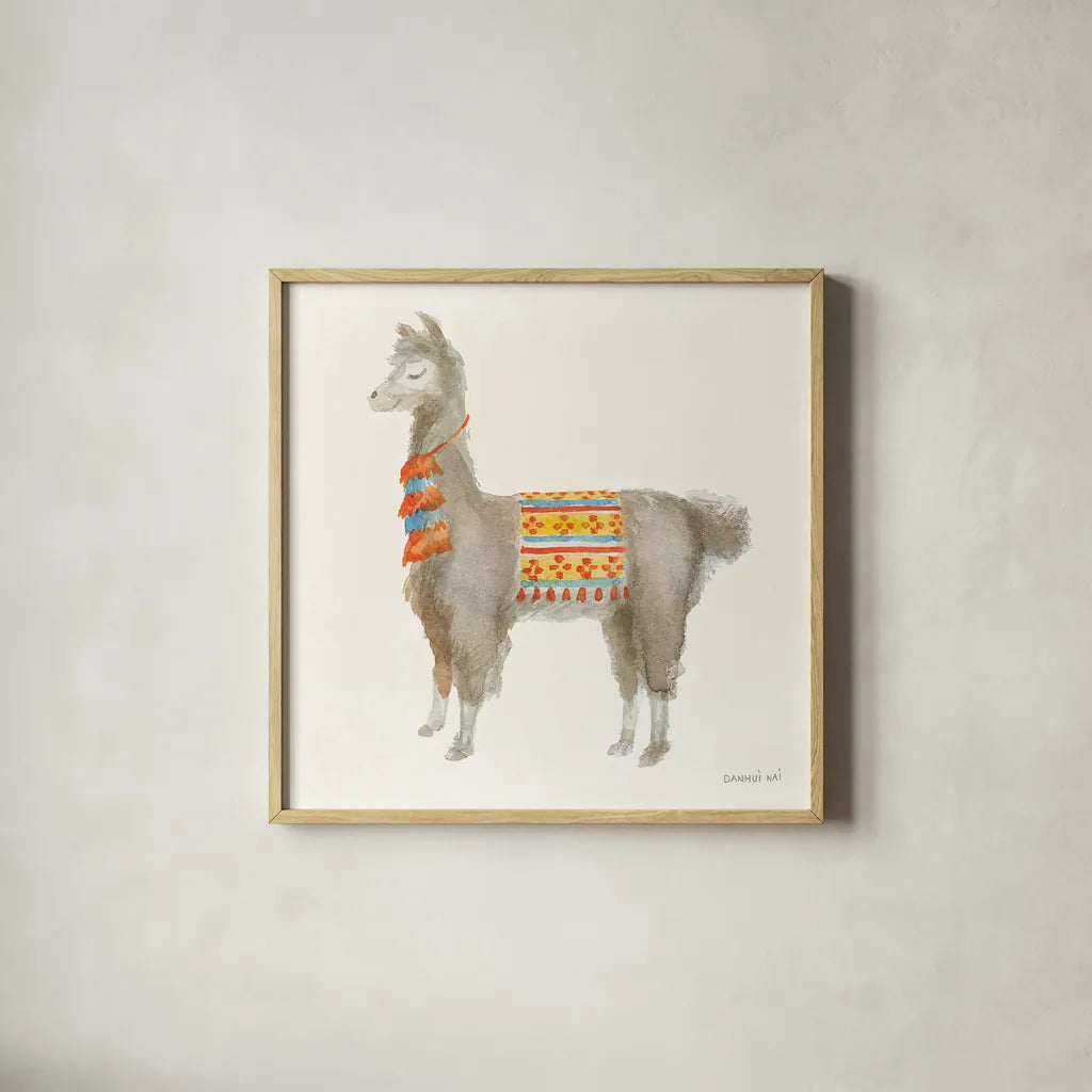 Festive Llama II by Danhui Nai. Shown in a natural wood glass frame for a timeless modern aesthetic. Available as an archival giclee rolled canvas, fine art paper, or poster print. SKU 48482a.