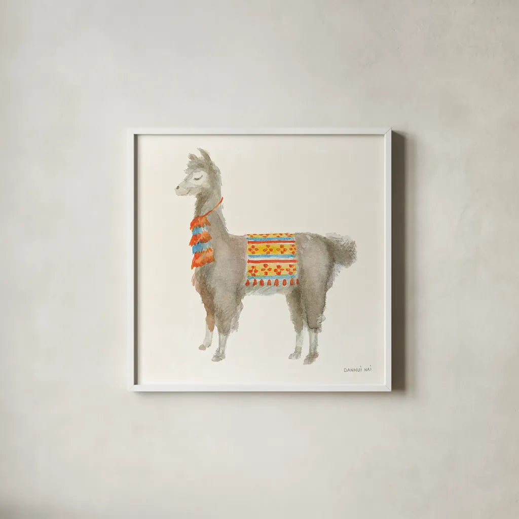 Festive Llama II by Danhui Nai. Shown in a crisp white glass frame for a clean and minimalist style. Available as an archival giclee rolled canvas, fine art paper, or poster print. SKU 48482a.