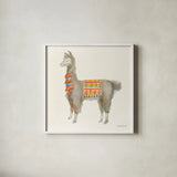 Festive Llama II by Danhui Nai. Shown in a crisp white glass frame for a clean and minimalist style. Available as an archival giclee rolled canvas, fine art paper, or poster print. SKU 48482a.