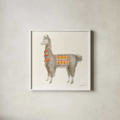 Festive Llama II by Danhui Nai. Shown in a crisp white glass frame for a clean and minimalist style. Available as an archival giclee rolled canvas, fine art paper, or poster print. SKU 48482a.