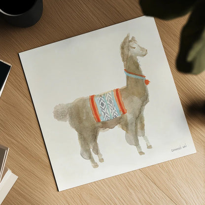 Festive Llama III by Danhui Nai. Shown as a detailed flat fine art print, highlighting archival giclee quality. Available as an archival giclee rolled canvas, fine art paper, or poster print. SKU 48483a.