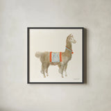 Festive Llama III by Danhui Nai. Shown in a sleek black glass frame for a contemporary gallery look. Available as an archival giclee rolled canvas, fine art paper, or poster print. SKU 48483a.
