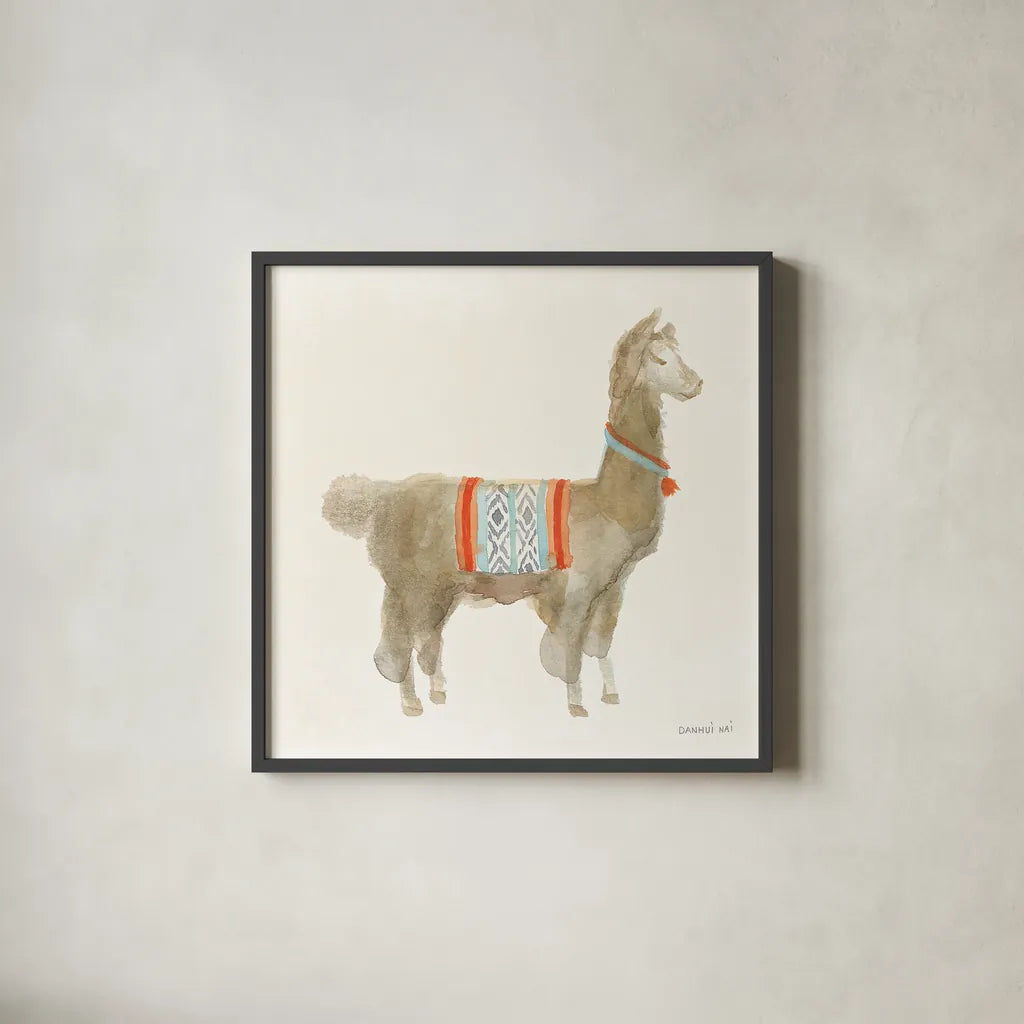 Festive Llama III by Danhui Nai. Shown in a sleek black glass frame for a contemporary gallery look. Available as an archival giclee rolled canvas, fine art paper, or poster print. SKU 48483a.