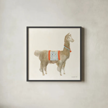 Festive Llama III by Danhui Nai. Shown in a sleek black glass frame for a contemporary gallery look. Available as an archival giclee rolled canvas, fine art paper, or poster print. SKU 48483a.