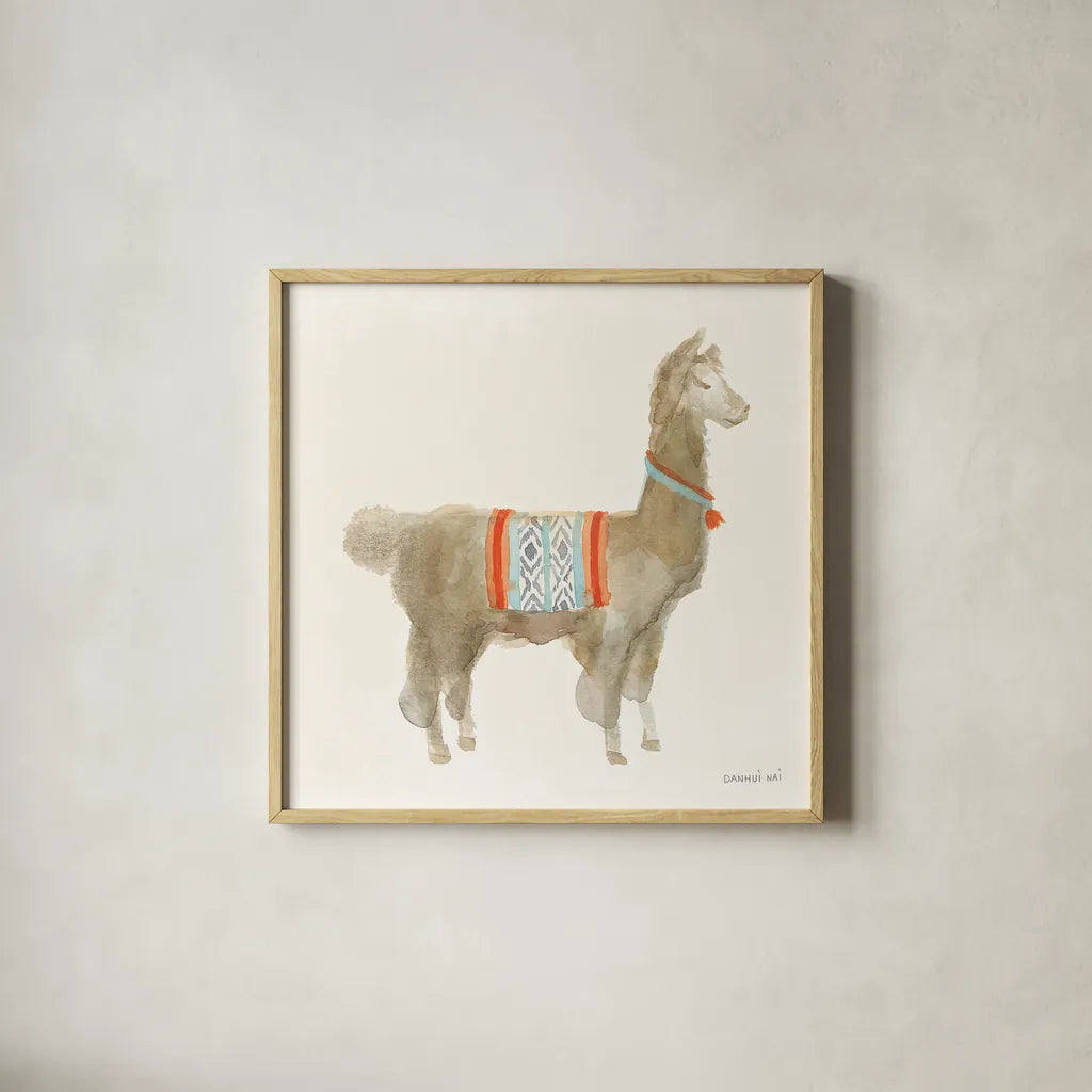 Festive Llama III by Danhui Nai. Shown in a natural wood glass frame for a timeless modern aesthetic. Available as an archival giclee rolled canvas, fine art paper, or poster print. SKU 48483a.