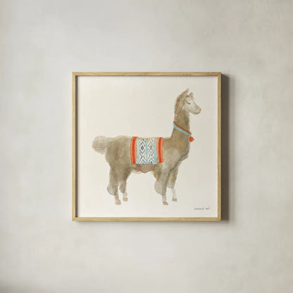 Festive Llama III by Danhui Nai. Shown in a natural wood glass frame for a timeless modern aesthetic. Available as an archival giclee rolled canvas, fine art paper, or poster print. SKU 48483a.