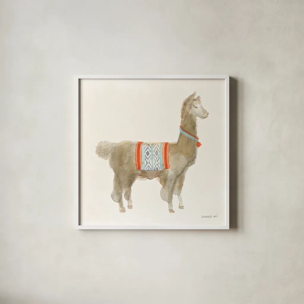 Festive Llama III by Danhui Nai. Shown in a crisp white glass frame for a clean and minimalist style. Available as an archival giclee rolled canvas, fine art paper, or poster print. SKU 48483a.