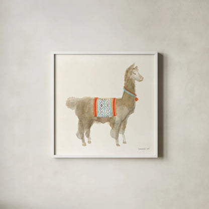 Festive Llama III by Danhui Nai. Shown in a crisp white glass frame for a clean and minimalist style. Available as an archival giclee rolled canvas, fine art paper, or poster print. SKU 48483a.