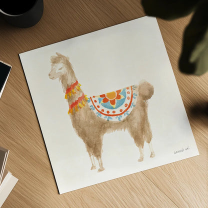 Festive Llama IV by Danhui Nai. Shown as a detailed flat fine art print, highlighting archival giclee quality. Available as an archival giclee rolled canvas, fine art paper, or poster print. SKU 48484a.