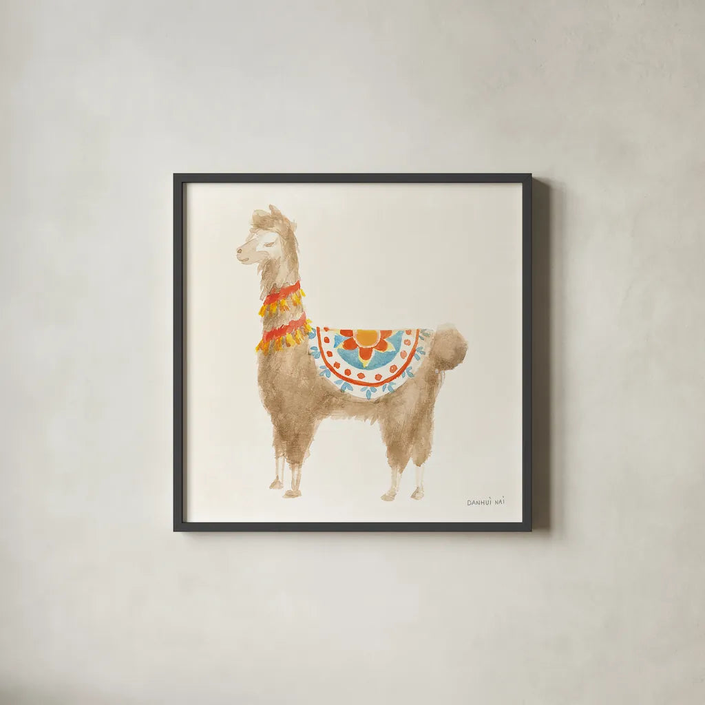 Festive Llama IV by Danhui Nai. Shown in a sleek black glass frame for a contemporary gallery look. Available as an archival giclee rolled canvas, fine art paper, or poster print. SKU 48484a.