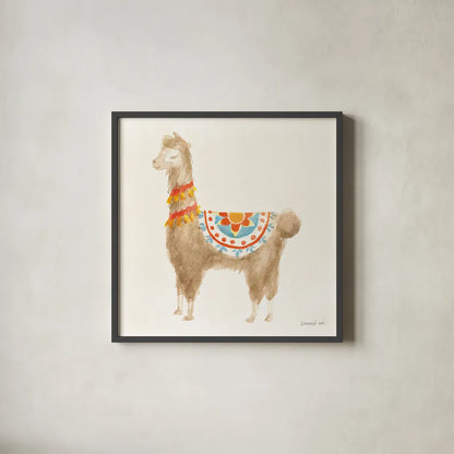 Festive Llama IV by Danhui Nai. Shown in a sleek black glass frame for a contemporary gallery look. Available as an archival giclee rolled canvas, fine art paper, or poster print. SKU 48484a.