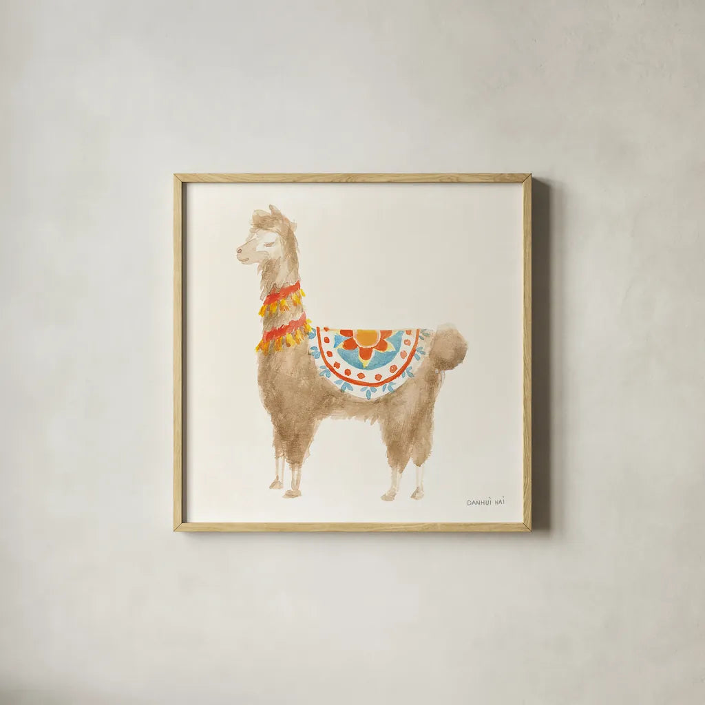 Festive Llama IV by Danhui Nai. Shown in a natural wood glass frame for a timeless modern aesthetic. Available as an archival giclee rolled canvas, fine art paper, or poster print. SKU 48484a.