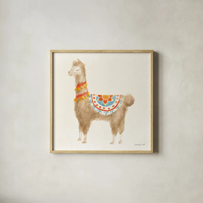 Festive Llama IV by Danhui Nai. Shown in a natural wood glass frame for a timeless modern aesthetic. Available as an archival giclee rolled canvas, fine art paper, or poster print. SKU 48484a.