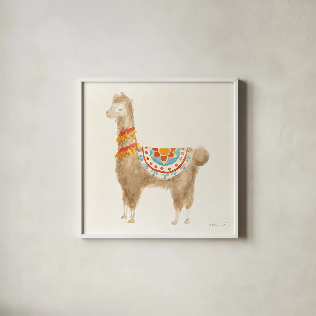 Festive Llama IV by Danhui Nai. Shown in a crisp white glass frame for a clean and minimalist style. Available as an archival giclee rolled canvas, fine art paper, or poster print. SKU 48484a.