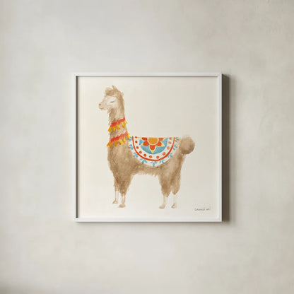 Festive Llama IV by Danhui Nai. Shown in a crisp white glass frame for a clean and minimalist style. Available as an archival giclee rolled canvas, fine art paper, or poster print. SKU 48484a.