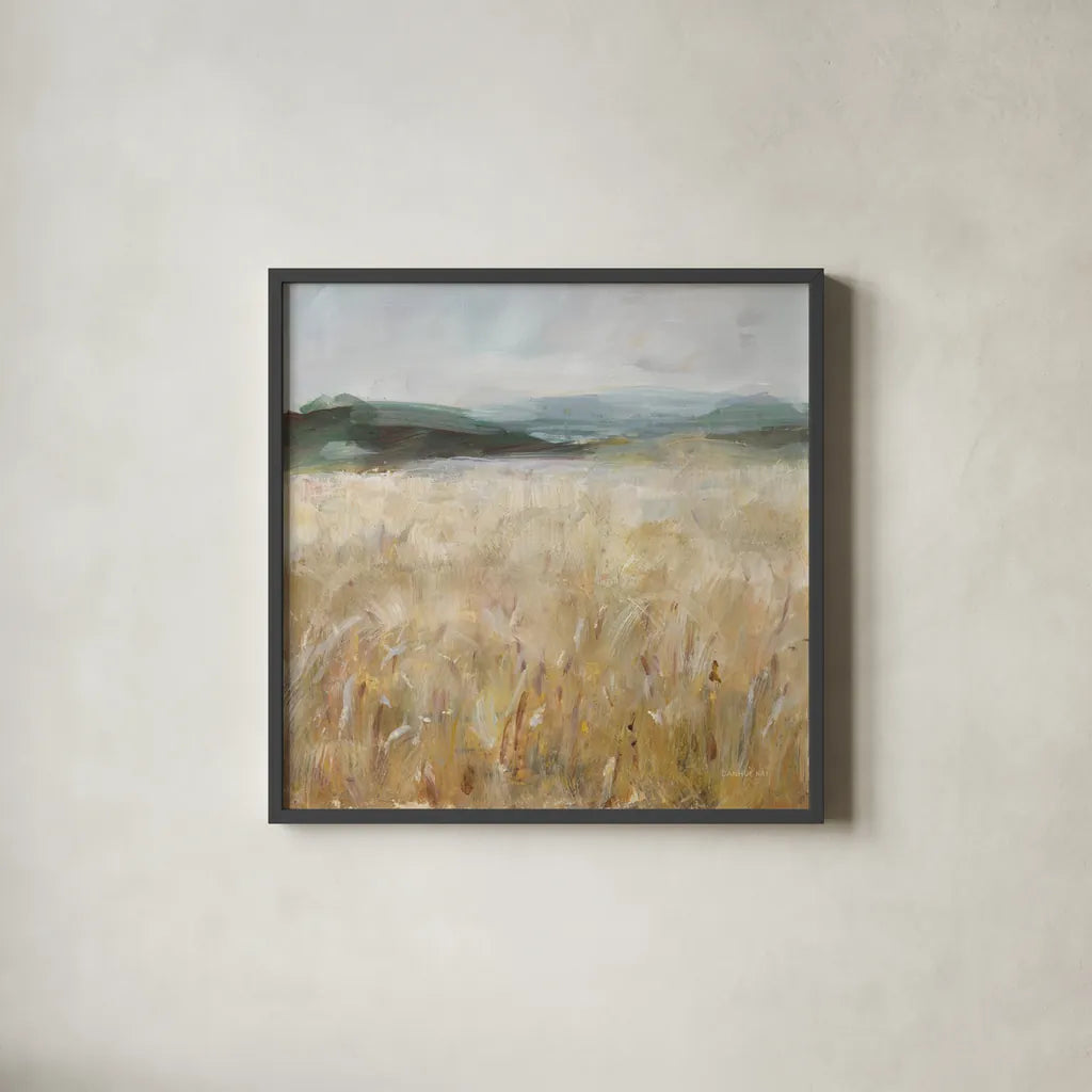Field of Gold I by Danhui Nai. Shown in a sleek black glass frame for a contemporary gallery look. Available as an archival giclee rolled canvas, fine art paper, or poster print. SKU 86374a.