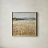 Field of Gold I by Danhui Nai. Shown in a natural wood glass frame for a timeless modern aesthetic. Available as an archival giclee rolled canvas, fine art paper, or poster print. SKU 86374a.
