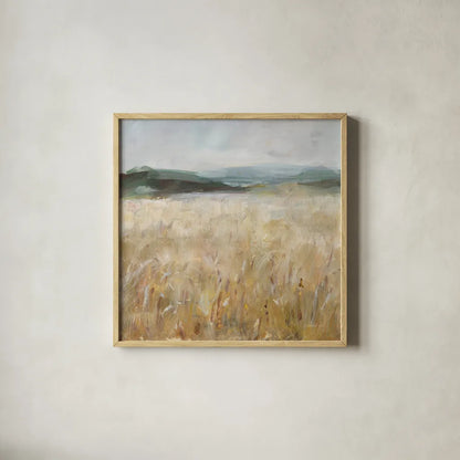 Field of Gold I by Danhui Nai. Shown in a natural wood glass frame for a timeless modern aesthetic. Available as an archival giclee rolled canvas, fine art paper, or poster print. SKU 86374a.