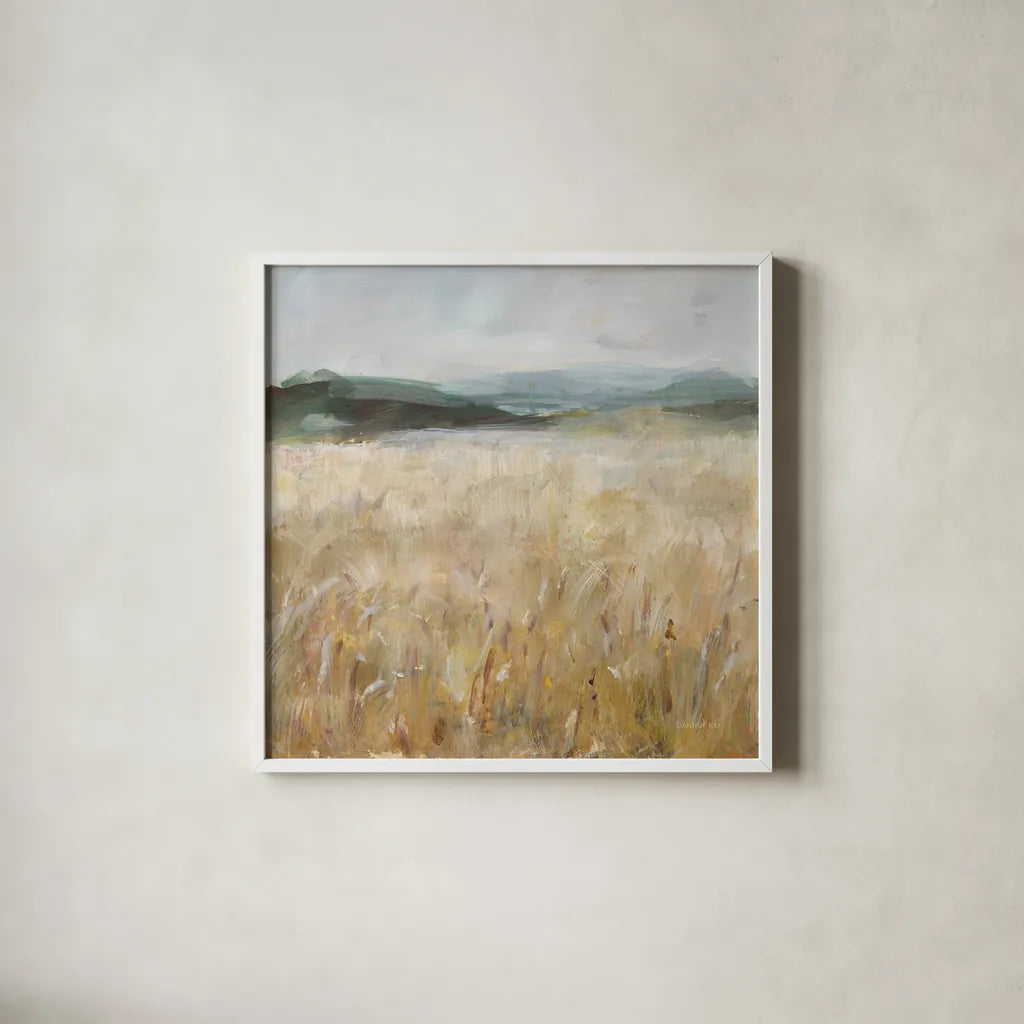 Field of Gold I by Danhui Nai. Shown in a crisp white glass frame for a clean and minimalist style. Available as an archival giclee rolled canvas, fine art paper, or poster print. SKU 86374a.
