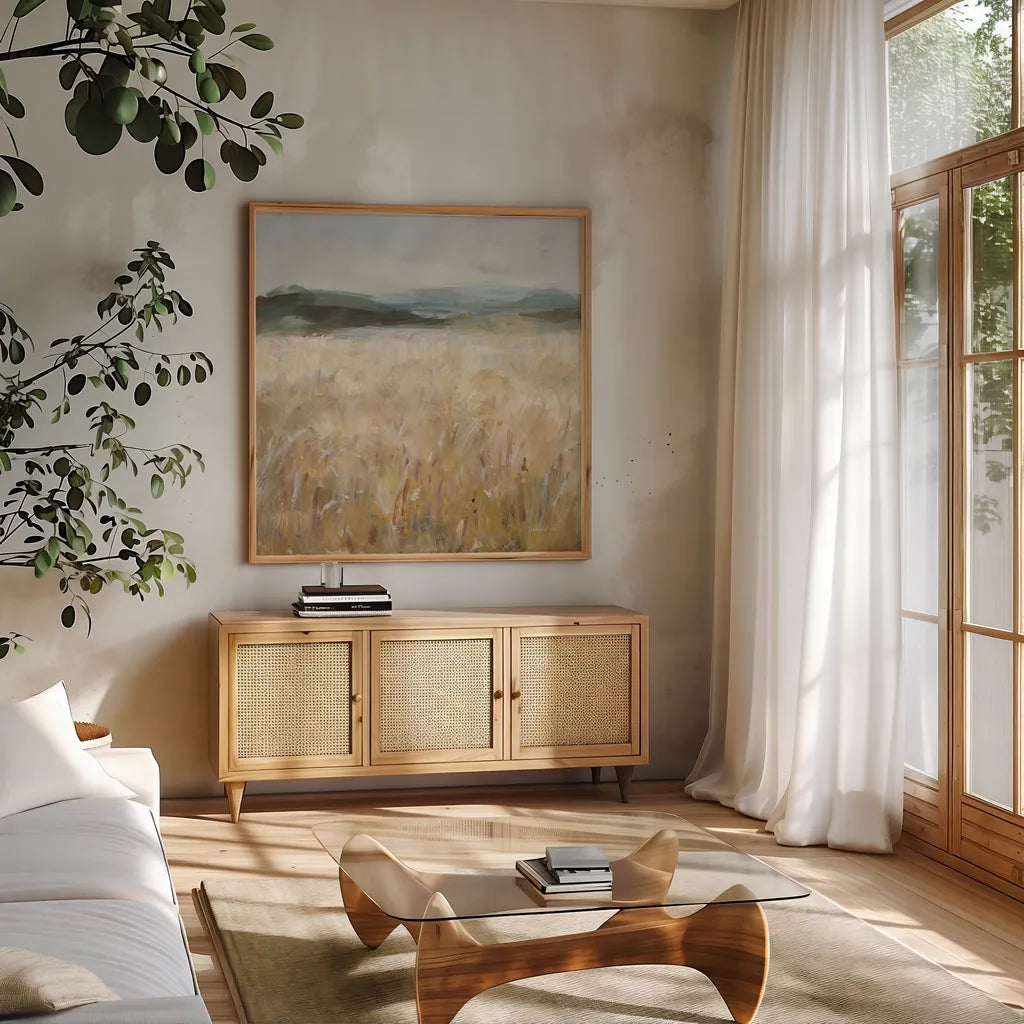 Field of Gold I by Danhui Nai. Shown in a natural wood frame in a cozy modern living room. Available as an archival giclee rolled canvas, fine art paper, or poster print. SKU 86374a.