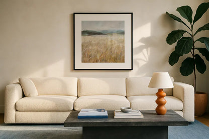 Field of Gold I by Danhui Nai. Displayed in a glass frame with matte in a clean modern living room. Available as an archival giclee rolled canvas, fine art paper, or poster print. SKU 86374a.