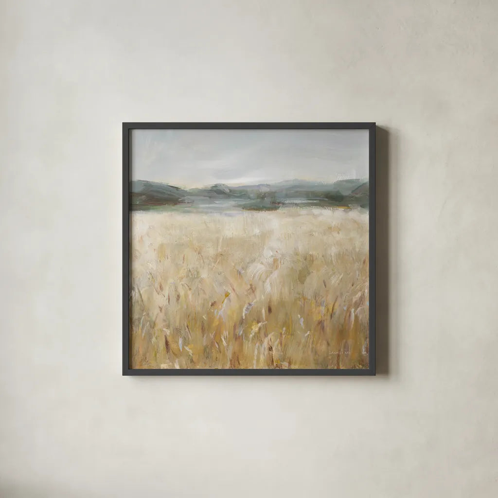 Field of Gold II by Danhui Nai. Shown in a sleek black glass frame for a contemporary gallery look. Available as an archival giclee rolled canvas, fine art paper, or poster print. SKU 86375a.