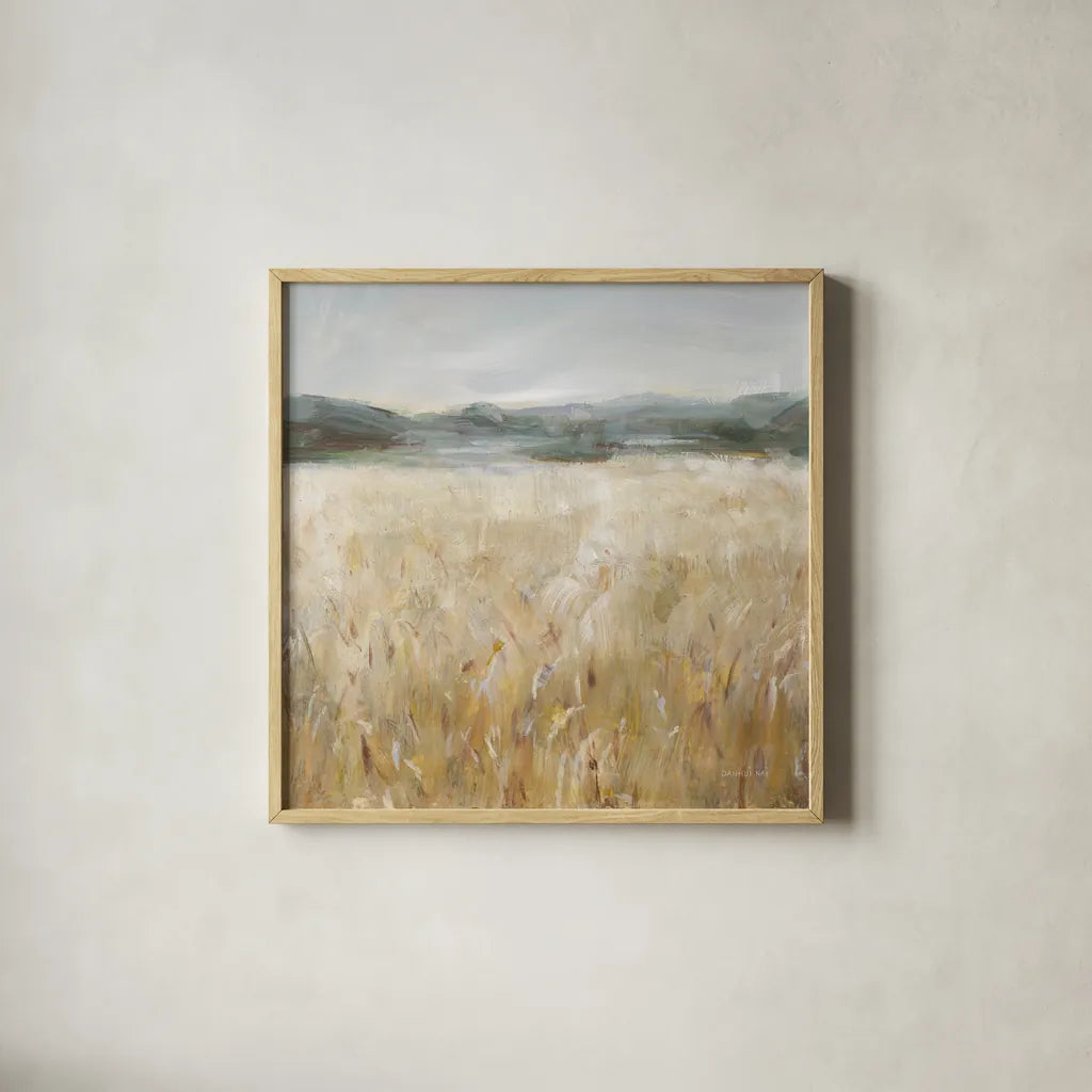 Field of Gold II by Danhui Nai. Shown in a natural wood glass frame for a timeless modern aesthetic. Available as an archival giclee rolled canvas, fine art paper, or poster print. SKU 86375a.