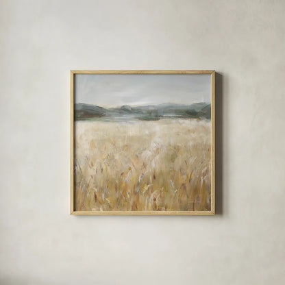 Field of Gold II by Danhui Nai. Shown in a natural wood glass frame for a timeless modern aesthetic. Available as an archival giclee rolled canvas, fine art paper, or poster print. SKU 86375a.