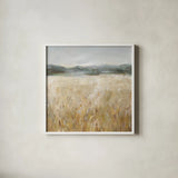 Field of Gold II by Danhui Nai. Shown in a crisp white glass frame for a clean and minimalist style. Available as an archival giclee rolled canvas, fine art paper, or poster print. SKU 86375a.