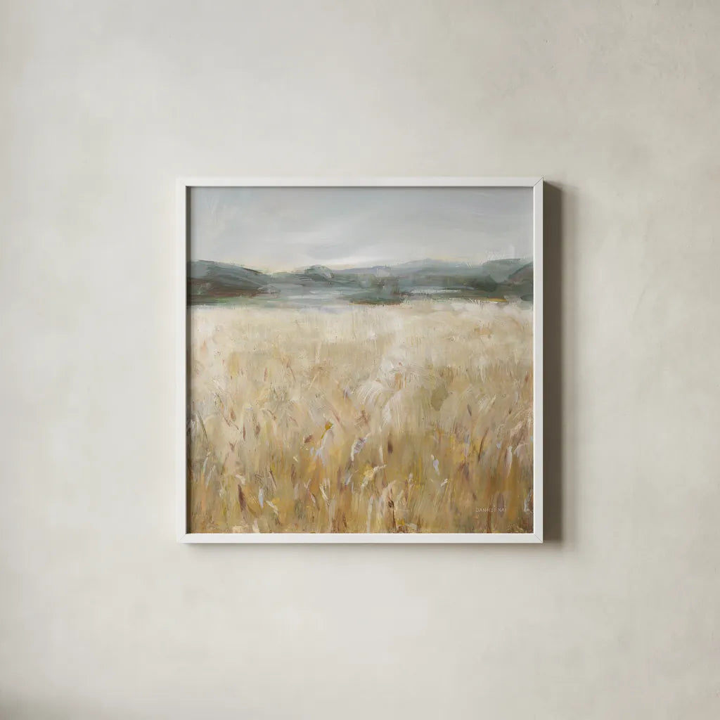 Field of Gold II by Danhui Nai. Shown in a crisp white glass frame for a clean and minimalist style. Available as an archival giclee rolled canvas, fine art paper, or poster print. SKU 86375a.