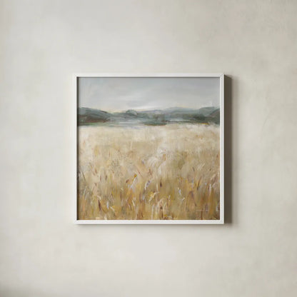 Field of Gold II by Danhui Nai. Shown in a crisp white glass frame for a clean and minimalist style. Available as an archival giclee rolled canvas, fine art paper, or poster print. SKU 86375a.