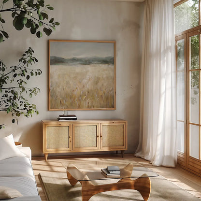 Field of Gold II by Danhui Nai. Shown in a natural wood frame in a cozy modern living room. Available as an archival giclee rolled canvas, fine art paper, or poster print. SKU 86375a.