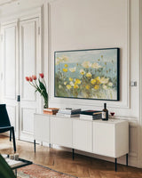 Field of Poppies Bright Crop by Danhui Nai. shown as a framed stretched canvas in a living room above a console. Available as a archival giclee rolled canvas, fine art paper, or poster print. SKU 24643i.