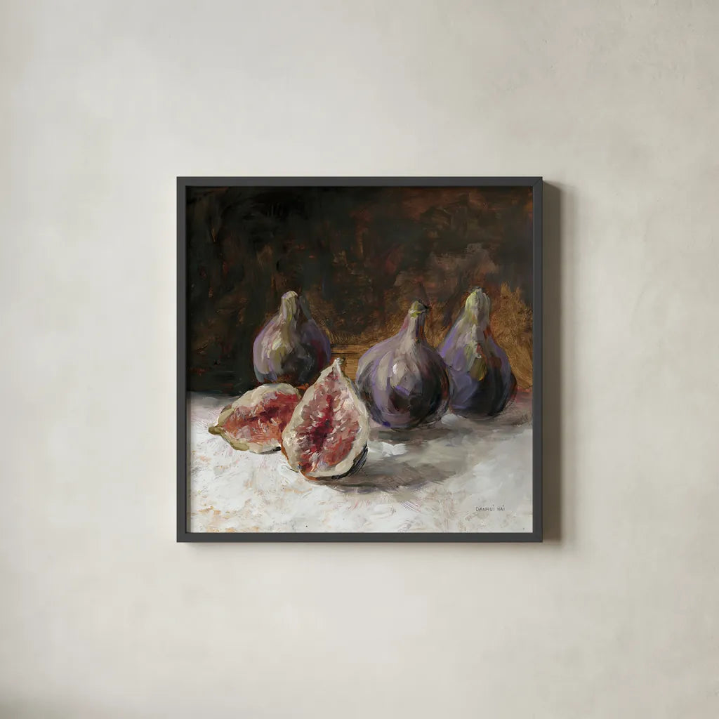 Fig Still Life by Danhui Nai. Shown in a sleek black glass frame for a contemporary gallery look. Available as an archival giclee rolled canvas, fine art paper, or poster print. SKU 98051a.