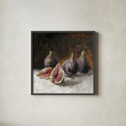 Fig Still Life by Danhui Nai. Shown in a sleek black glass frame for a contemporary gallery look. Available as an archival giclee rolled canvas, fine art paper, or poster print. SKU 98051a.