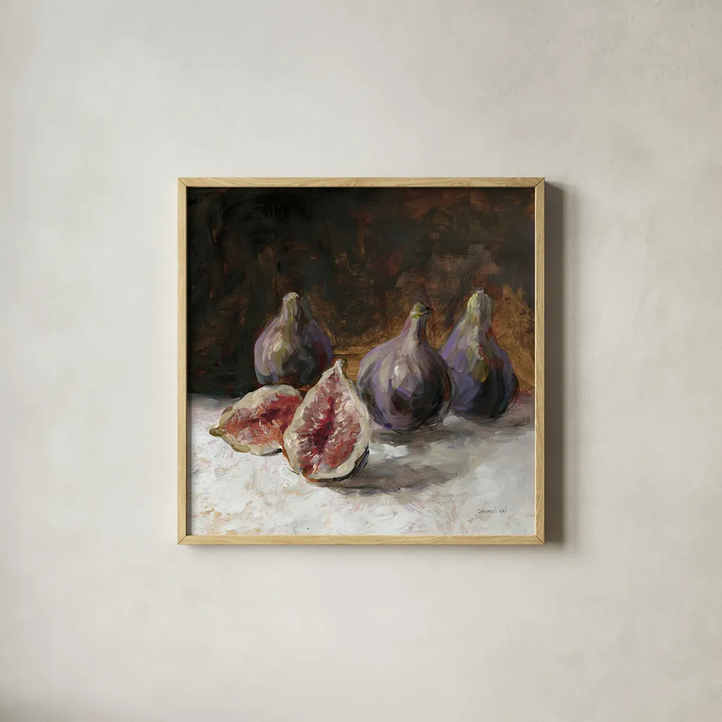 Fig Still Life by Danhui Nai. Shown in a natural wood glass frame for a timeless modern aesthetic. Available as an archival giclee rolled canvas, fine art paper, or poster print. SKU 98051a.