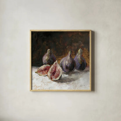 Fig Still Life by Danhui Nai. Shown in a natural wood glass frame for a timeless modern aesthetic. Available as an archival giclee rolled canvas, fine art paper, or poster print. SKU 98051a.