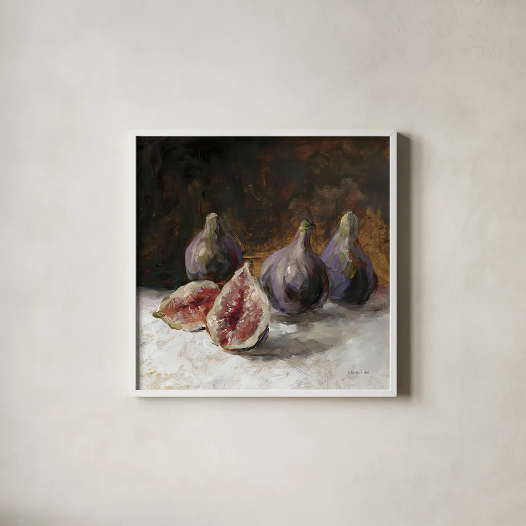 Fig Still Life by Danhui Nai. Shown in a crisp white glass frame for a clean and minimalist style. Available as an archival giclee rolled canvas, fine art paper, or poster print. SKU 98051a.