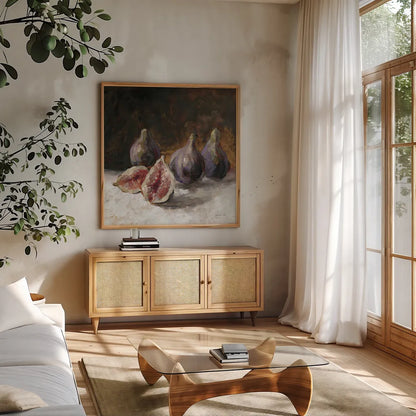 Fig Still Life by Danhui Nai. Shown in a natural wood frame in a cozy modern living room. Available as an archival giclee rolled canvas, fine art paper, or poster print. SKU 98051a.