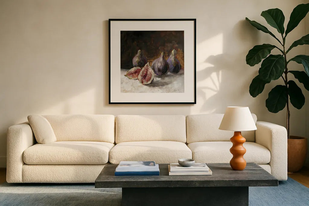 Fig Still Life by Danhui Nai. Displayed in a glass frame with matte in a clean modern living room. Available as an archival giclee rolled canvas, fine art paper, or poster print. SKU 98051a.