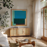 Finding My Way II by Danhui Nai. Shown in a natural wood frame in a cozy modern living room. Available as an archival giclee rolled canvas, fine art paper, or poster print. SKU 85837a.