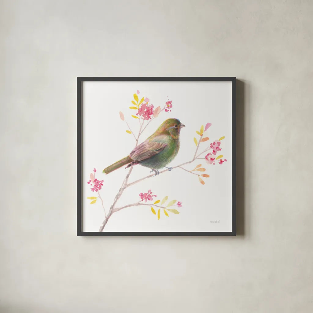 Flight Friends I by Danhui Nai. Shown in a sleek black glass frame for a contemporary gallery look. Available as an archival giclee rolled canvas, fine art paper, or poster print. SKU 68006a.