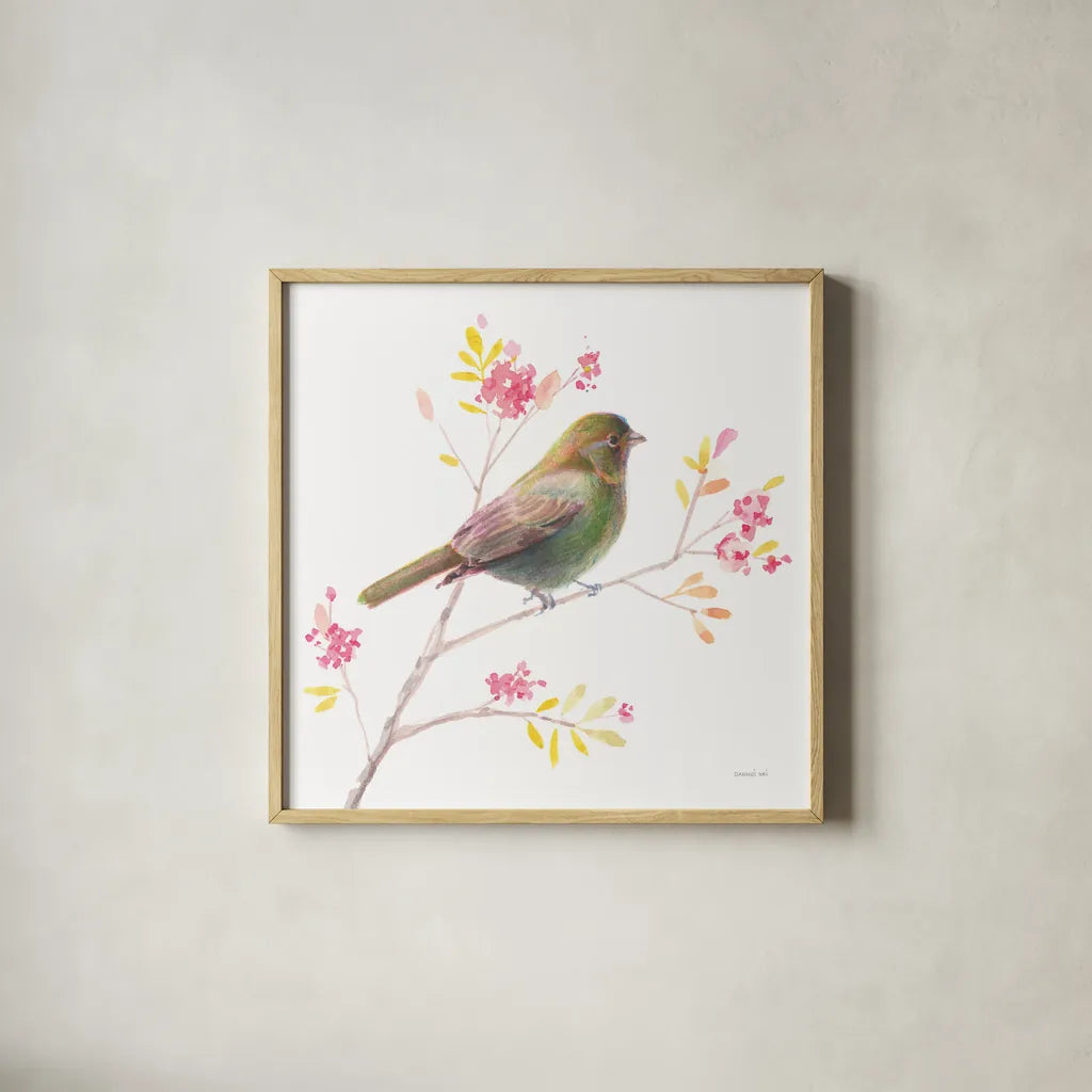 Flight Friends I by Danhui Nai. Shown in a natural wood glass frame for a timeless modern aesthetic. Available as an archival giclee rolled canvas, fine art paper, or poster print. SKU 68006a.