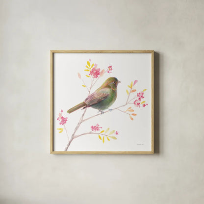 Flight Friends I by Danhui Nai. Shown in a natural wood glass frame for a timeless modern aesthetic. Available as an archival giclee rolled canvas, fine art paper, or poster print. SKU 68006a.
