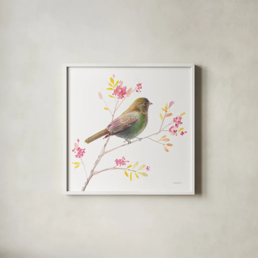 Flight Friends I by Danhui Nai. Shown in a crisp white glass frame for a clean and minimalist style. Available as an archival giclee rolled canvas, fine art paper, or poster print. SKU 68006a.
