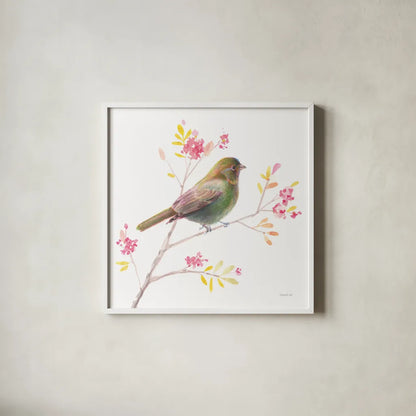 Flight Friends I by Danhui Nai. Shown in a crisp white glass frame for a clean and minimalist style. Available as an archival giclee rolled canvas, fine art paper, or poster print. SKU 68006a.