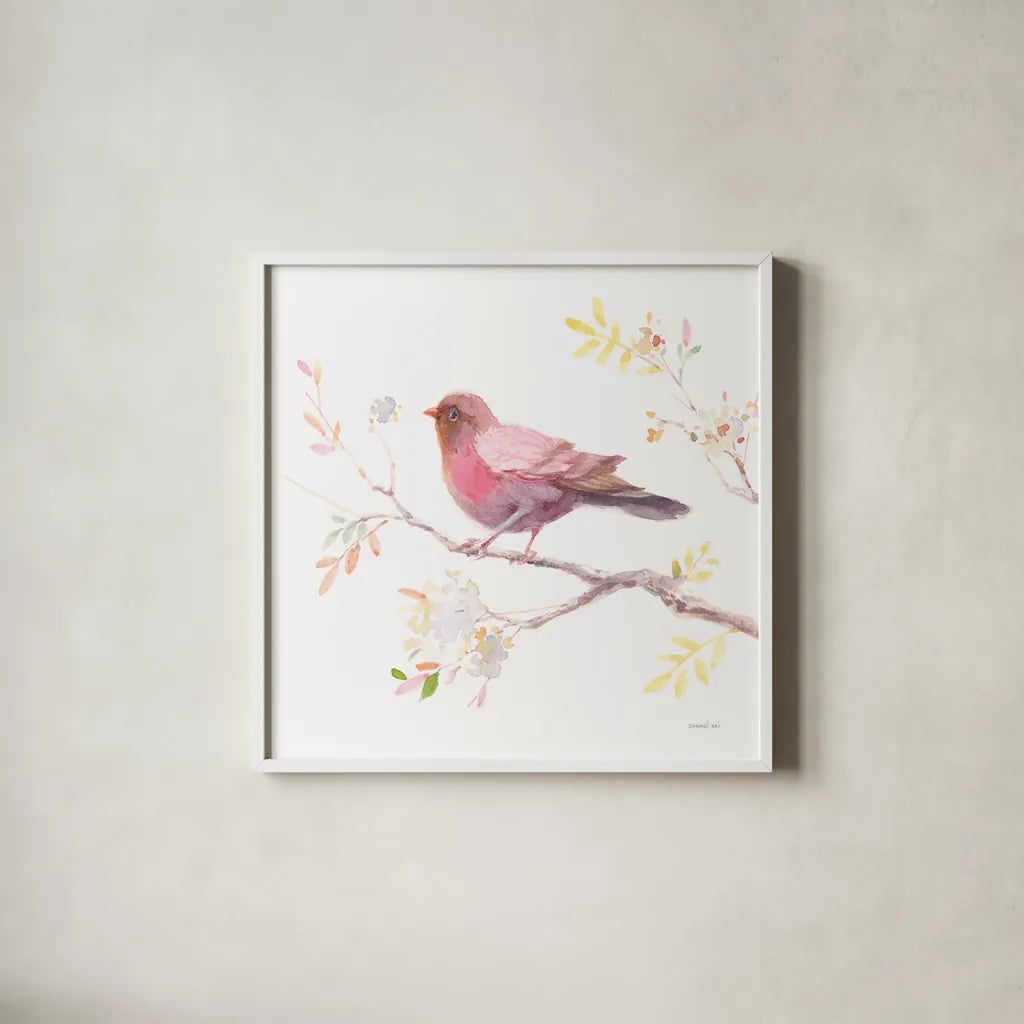 Flight Friends II by Danhui Nai. Shown in a crisp white glass frame for a clean and minimalist style. Available as an archival giclee rolled canvas, fine art paper, or poster print. SKU 68007a.