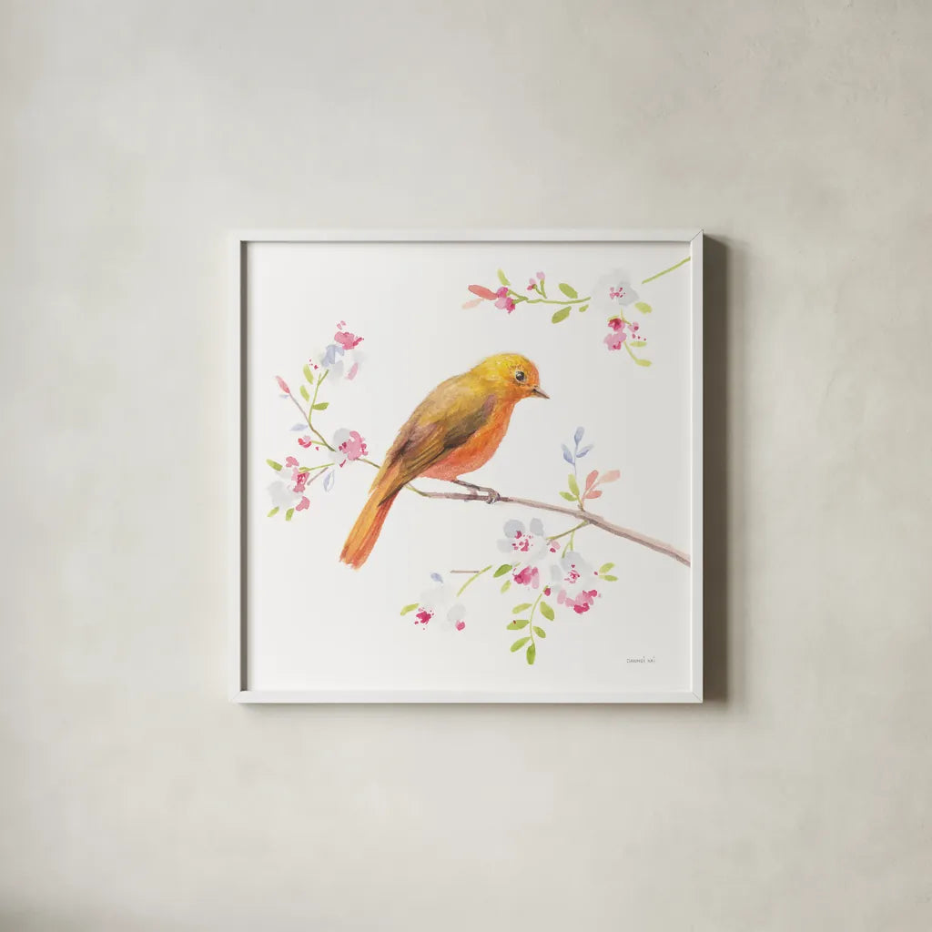 Flight Friends III by Danhui Nai. Shown in a crisp white glass frame for a clean and minimalist style. Available as an archival giclee rolled canvas, fine art paper, or poster print. SKU 68008a.