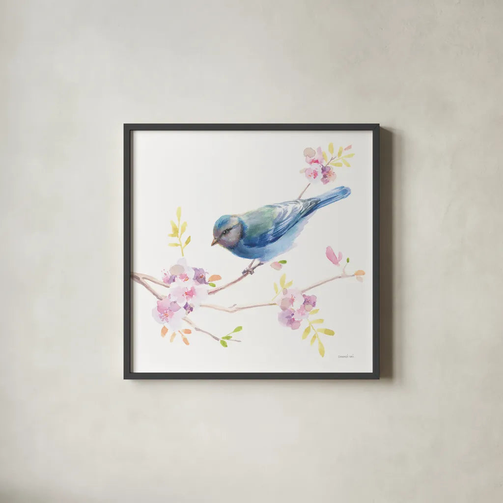 Flight Friends IV by Danhui Nai. Shown in a sleek black glass frame for a contemporary gallery look. Available as an archival giclee rolled canvas, fine art paper, or poster print. SKU 68009a.